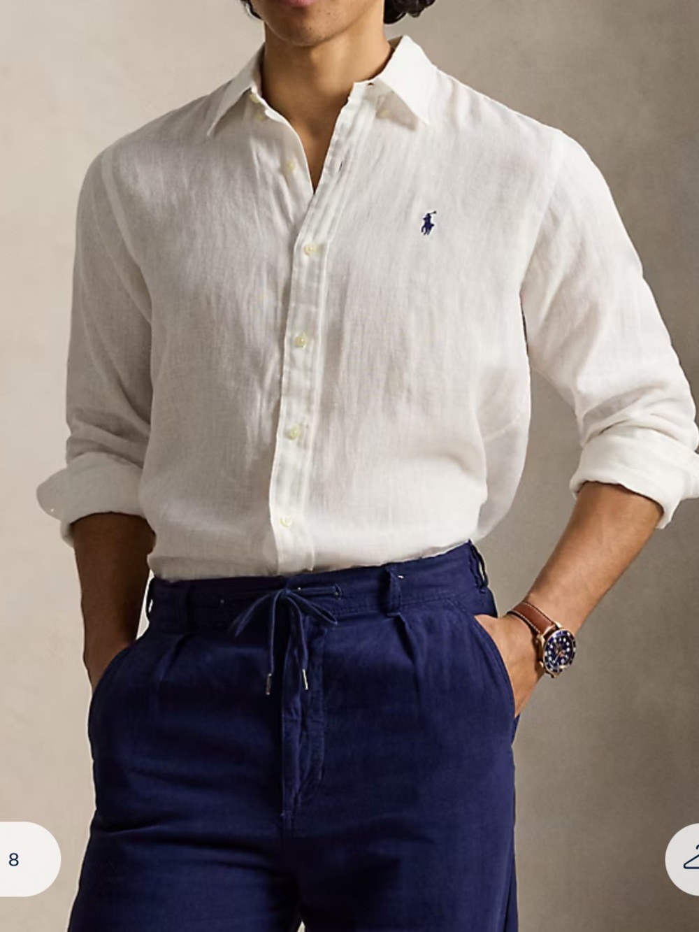 Ralph Lauren White Linen Button-Down Shirt with Navy Polo Logo medium